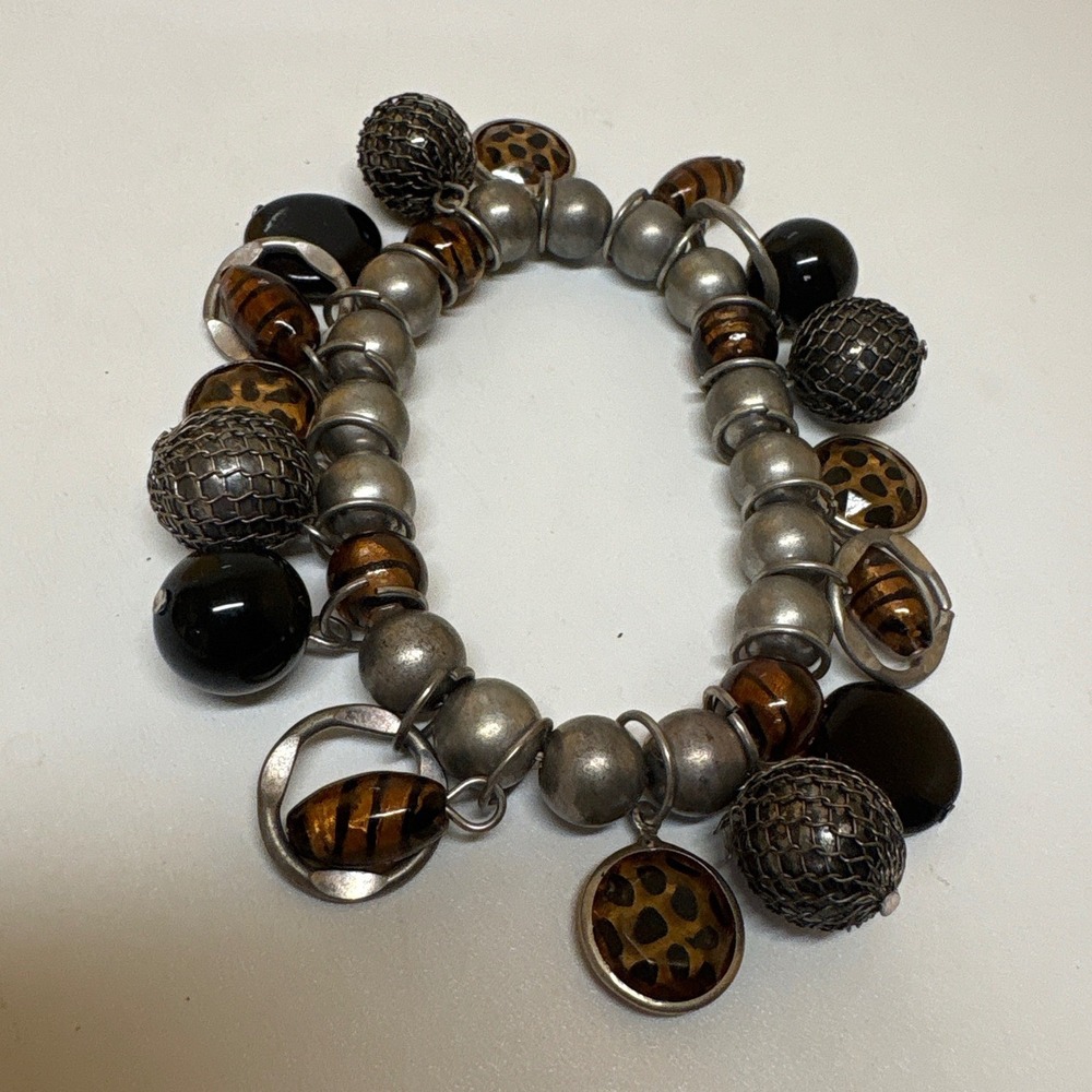 Silver Tone Chunky Leopard Print Mesh Ball Charm Stretch Bracelet